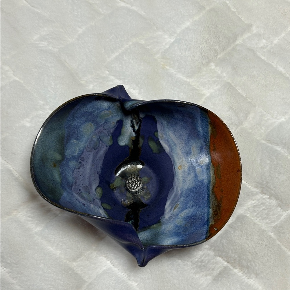 Ikebana clay bowl in blue and brown